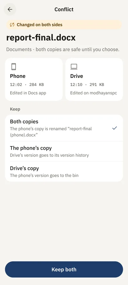 A conflict in report-final.docx: the phone’s copy and Drive’s side by side, with Keep both